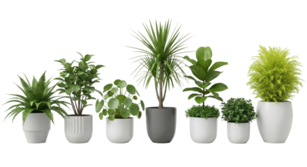 A Symphony of Green: A diverse collection of indoor plants, each thriving in its unique ceramic pot, forms a vibrant and textured botanical arrangement.