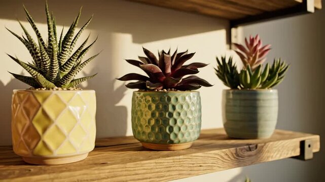 Row of colorful potted succulents on wooden shelf.