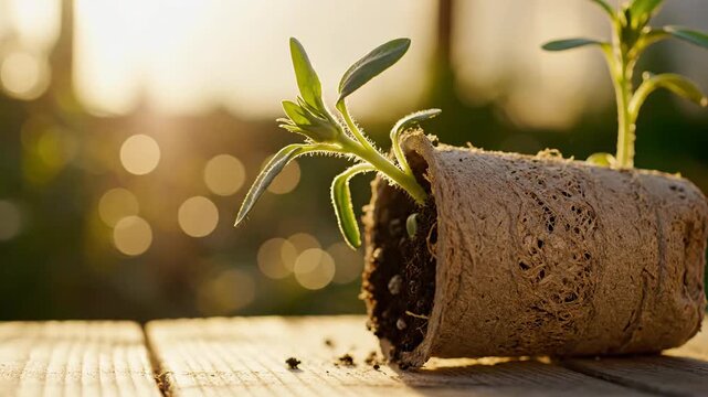Young plant sprout grows from recycled planter in warm sunlight.
