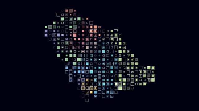 Saudi Arabia animated country shape. Pulsating colored dots on the map of the country. Large size square blocks. Digital style Saudi Arabia map on dark background. Modern animation video.