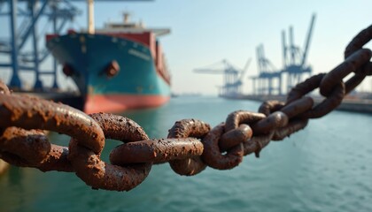 Thick rusted chains secure a large cargo ship at a busy port. Cranes load and unload goods onto the vessel. Maritime logistics and industrial power defines this busy seaport scene.