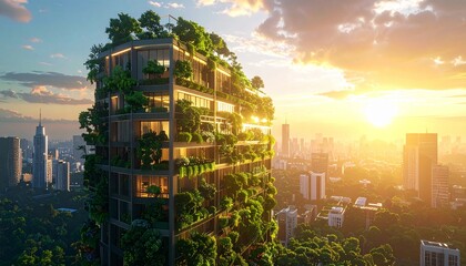 A breathtaking, sustainable, earth-friendly skyscraper adorned with lush greenery, bathed in the warm glow of a golden sunset, symbolizing a harmonious blend of nature and urban architecture