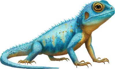 Fototapeta premium Vibrant blue lizard with yellow spots and spiky scales isolated on transparent background