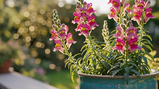 Bright pink flowers in a blue pot basking in warm sunlight.