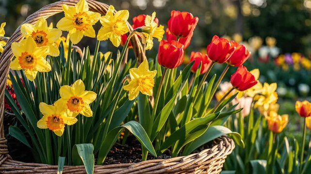 Basketful of Bright Tulips in Blooming Garden.