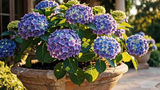 Colorful blue hydrangea flowers in a terracotta pot sunny day.