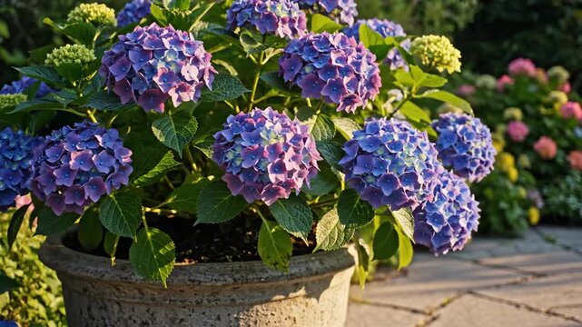 Vibrant Hydrangea Flowers in Ornamental Garden Pots.