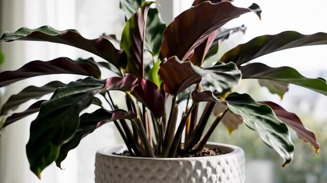 Indoor potted plant with dark leaves in patterned pot.
