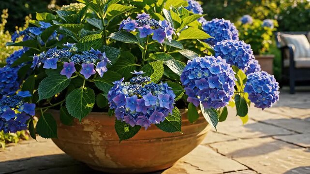 Blue Hydrangea Flowers in Terracotta Pot on Patio.
