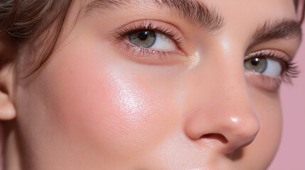 Obraz premium Beauty macro glow transition cheek pastel skin close up face natural healthy fresh smooth female young blue eye eyebrow eyelash nose pink background radiant soft delicate moisture skincare