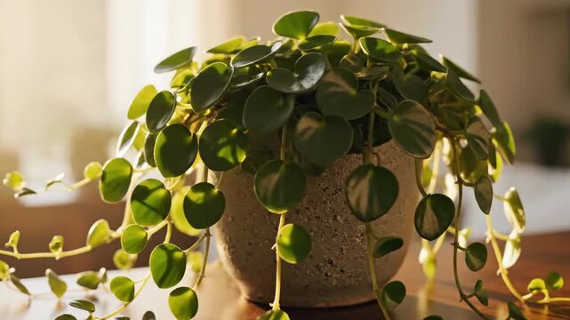 Sunny indoor pothos plant in a cozy room.