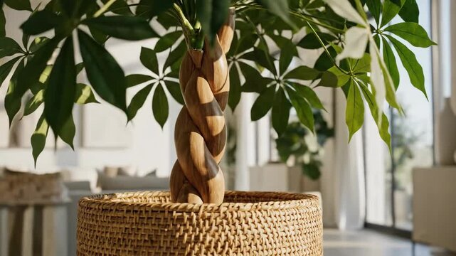Indoor braided plant in woven basket with leaves.