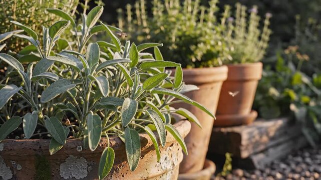 Row of potted plants in sunlight on wooden shelf.