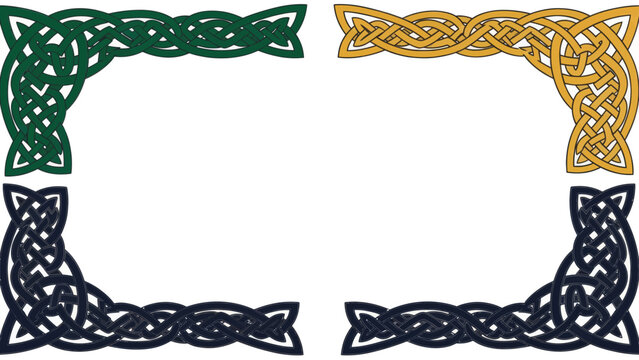 Celtic knot border corners in green, gold, and navy blue, isolated on white background