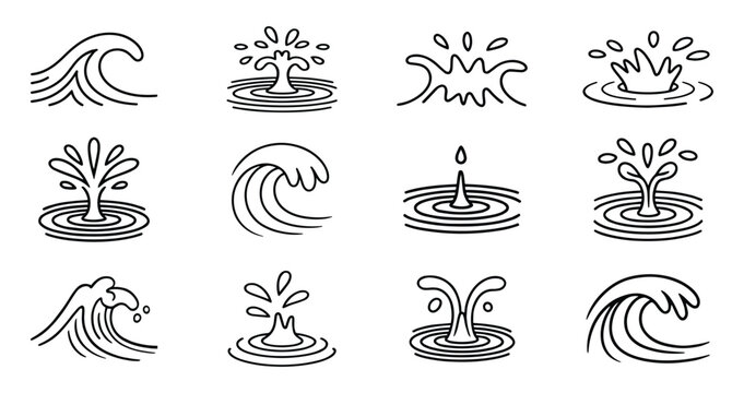 Water movements and waves minimalist line drawing , Ocean waves, Ripples from a splash, Water droplets spouting upwards, Simple icon outline style, suitable for use in abstract or creative projects
