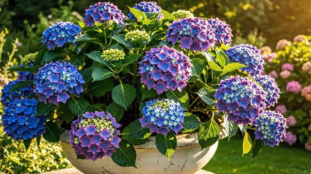 Bright Hydrangea Flower Bouquet in Garden Pot.