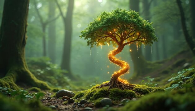 A mystical tree glows with warm lights in a rich green forest. Its spiraling trunk is wrapped in golden illumination. Rich moss covers the forest floor and ancient tree roots are visible.