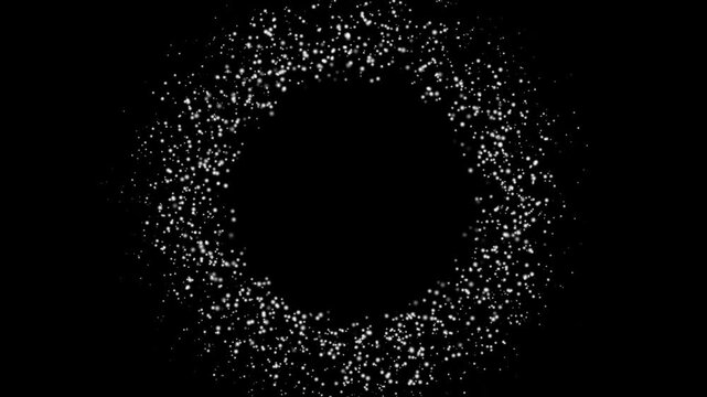 Abstract white glowing digital particles forming a rotating circle frame on black background