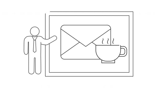 Stick figure presenting a chart with an envelope and steaming cup