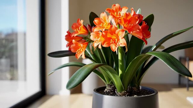 Bright Orange Clivia Flower Plant In Pot By Window.