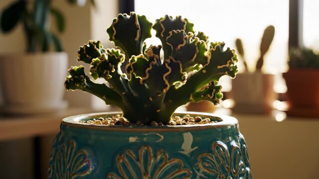 Close Up Of Decorative Potted Plant Bathed In Warm Light.