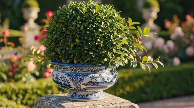 Elegant topiary in blue and white porcelain planter in garden.