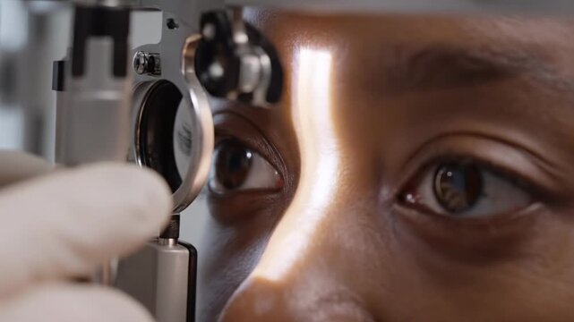 Optometrist examining young African American womans eyes with slit lamp for vision and health checkup in medical office