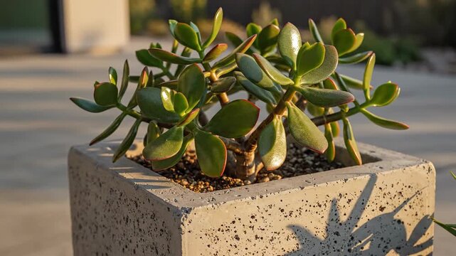 Succulent Plant in Concrete Pot Outdoors Sunlit.