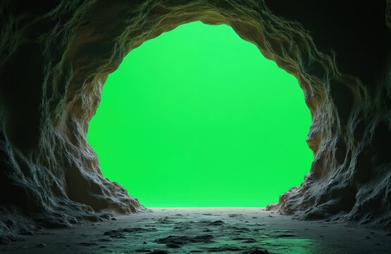 View from inside rocky cave to bright green screen background. Textured cavern walls frame emptiness for compositing digital scenes. Sci-fi backdrop for visual effects.