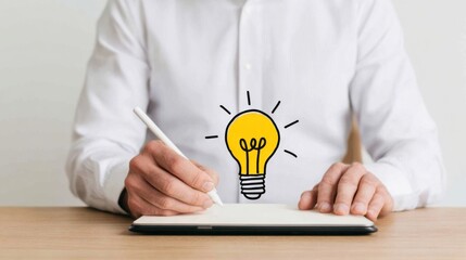 A person sketches on a tablet, with a lightbulb illustration above, symbolizing creativity and innovation.