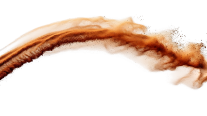 Explosion of brown powder, cocoa, or spice in an arc shape against a transparent background