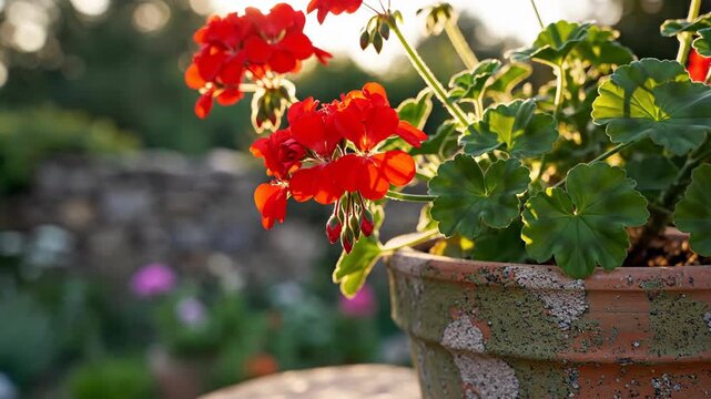 Sunny potted red geraniums in garden sunlight.