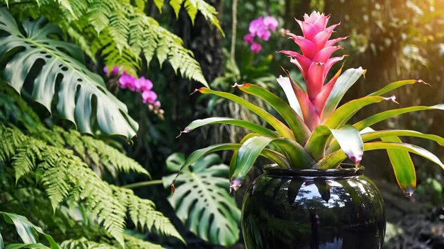 Vibrant tropical plant arrangement with pink bromeliad and lush foliage.