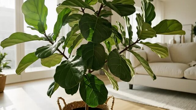 Indoor fiddle leaf fig in bright living room scene.