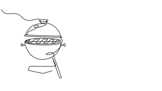 Continuous one line drawing of a BBQ grill. Vector illustration of charcoal barbecue kettle isolated on white background. Minimalist picnic cooking concept, barbecue grill or kettle grill animation.