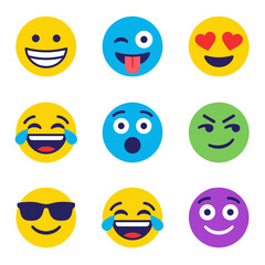 Fototapeta premium Expressive facial emoji characters set with different emotions including happy laughing wink heart eyes surprised and cool sunglasses avatars
