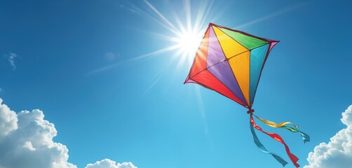 Colorful diamond kite soars in bright sunny sky with clouds. Kite tails stream in wind. Childhood fun activity represents summer freedom and joy. Outdoor play.