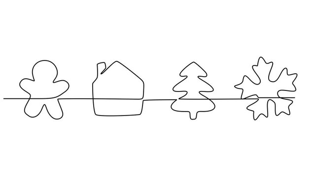 a christmas animation with only one line, christmas element set continuous one line drawing animation, Continuous line drawing of hanging christmas tree, gift box, star, love, christmas hat and sock.