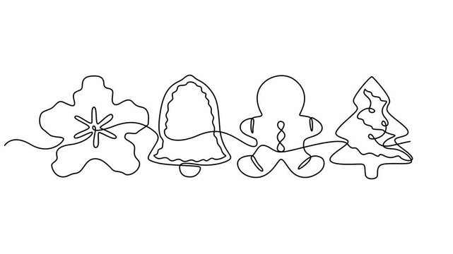 a christmas animation with only one line, christmas element set continuous one line drawing animation, Continuous line drawing of hanging christmas tree, gift box, star, love, christmas hat and sock.