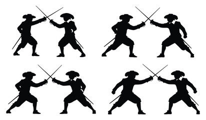Historical duelists silhouettes, engaged in fencing with swords, showcasing dramatic combat scenes in a vintage black vector illustration