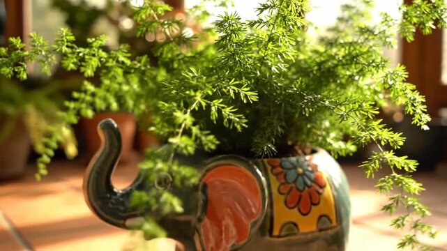 Decorative Elephant Statue With Greenery In Garden.