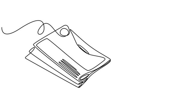 Animated self drawing of continuous line draw stack of news newspapers with cup of coffee.  Full length one line animation. 4K, newspaper continuous one line drawing animation