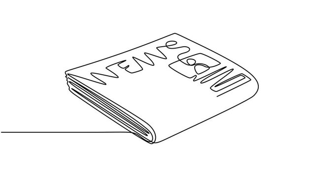 Animated self drawing of continuous line draw stack of news newspapers with cup of coffee.  Full length one line animation. 4K, newspaper continuous one line drawing animation