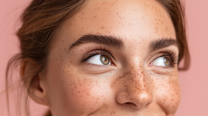 Fototapeta premium Close up of freckles across nose bridge and cheeks on smooth skin with soft natural light and warm tone, showing healthy youthful complexion and bright eyes looking sideways
