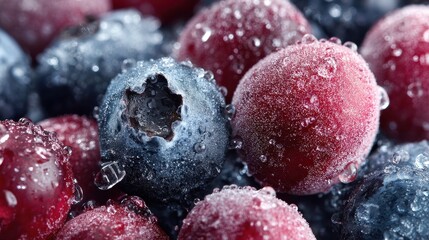 Macro photography of frozen blueberries and cranberries covered in ice crystals and frost