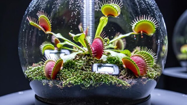 Inside a Glass Terrarium with Venus Flytraps and Moss.