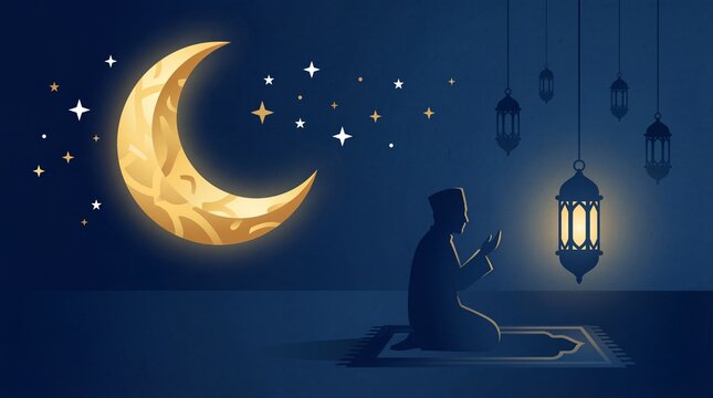 Man praying under a glowing crescent moon with lanterns