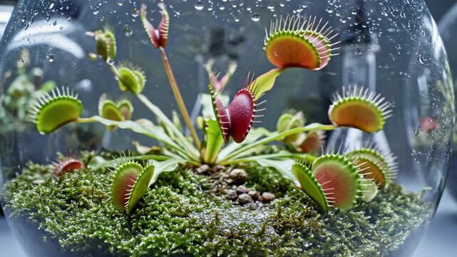 Close up Venus flytrap plants in glass terrarium.