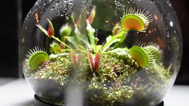 Close up Venus flytrap in glass terrarium with moss and droplets.