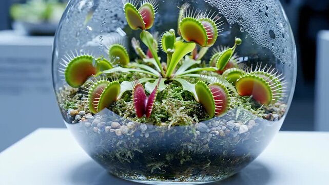 Vibrant Venus Flytrap Plant In Glass Terrarium Close Up.